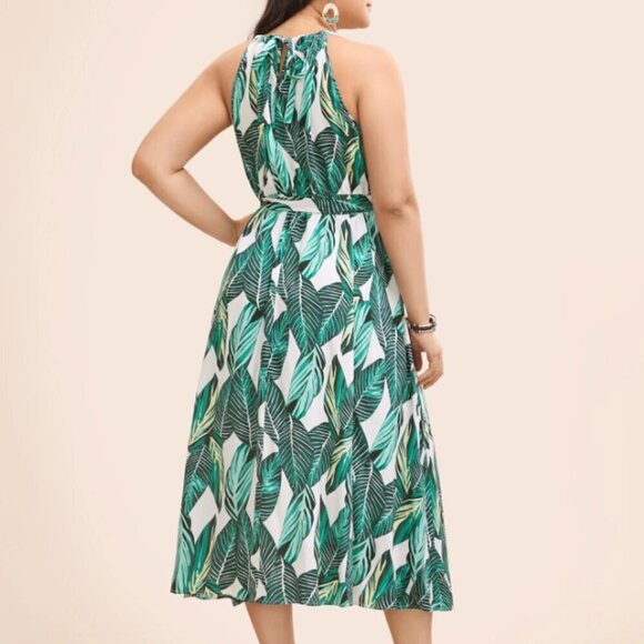 BloomChic Tropical Print Knotted Pocket Ruffles Belted Halter Dress us12 - Picture 2 of 8